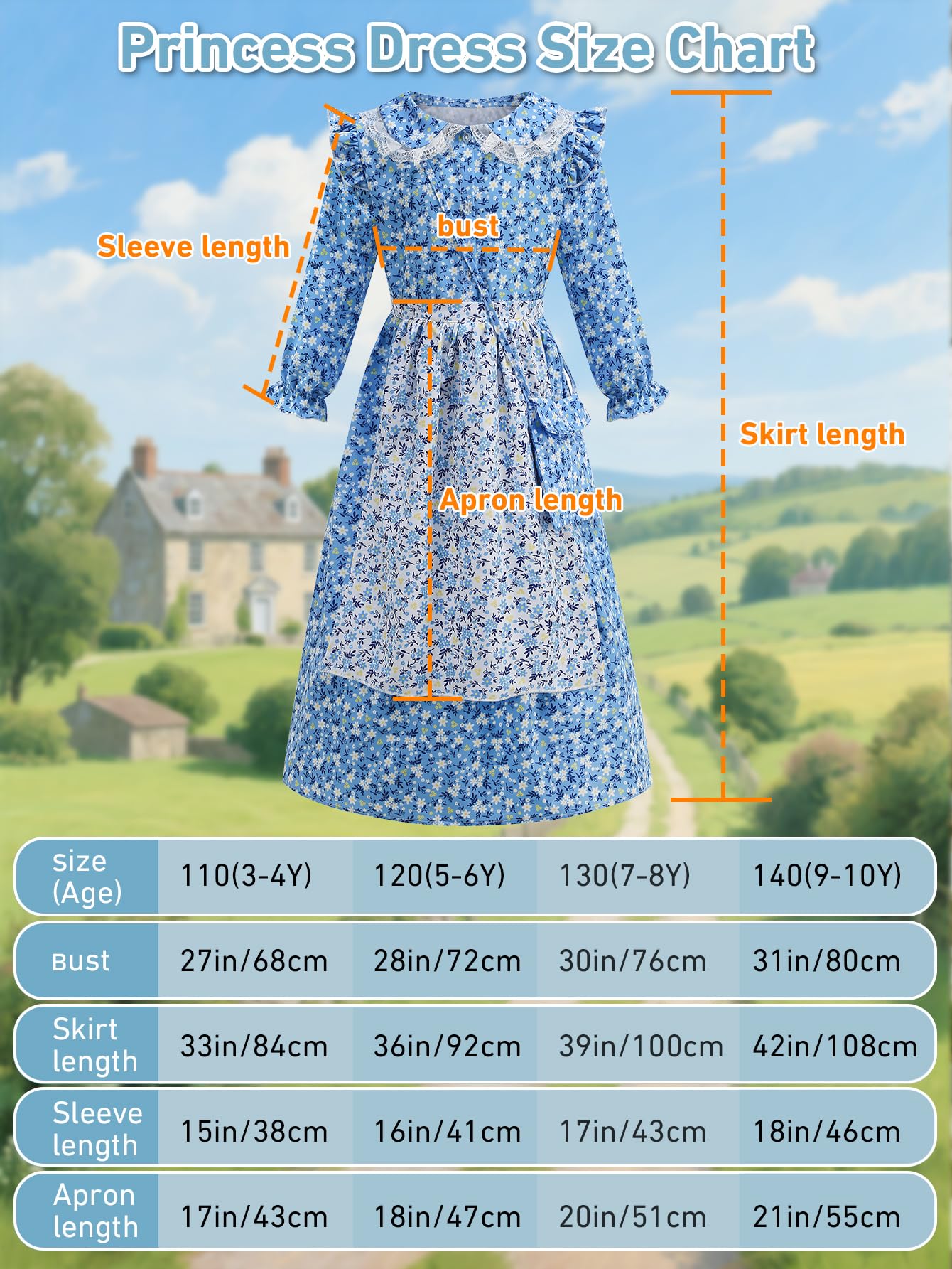 Vintage Floral Prairie Dress with Apron and Bonnet for Girls — A Charming Colonial-Era Ensemble