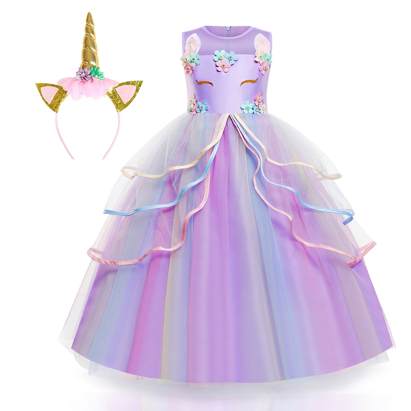Foierp Child Long Evening Dress - Princess Dress Rainbow Pink for 3-12 Years Old