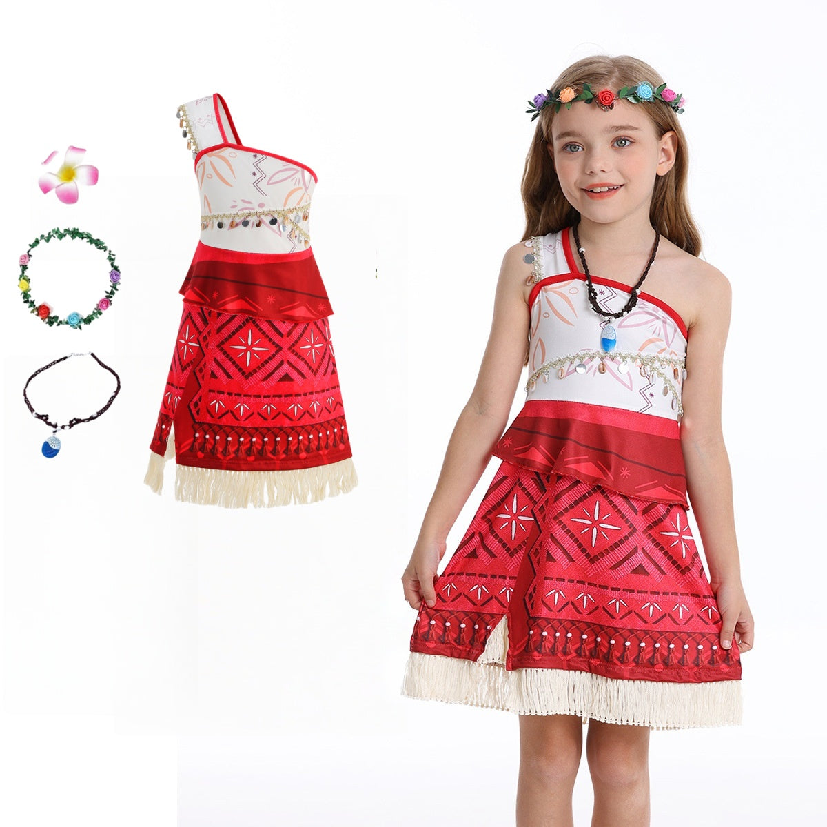 Princess Dress for Girls | Deluxe Halloween Costume Set with Floral Crown, Hair Clip & Necklace | Party Dress for Ages 3-9