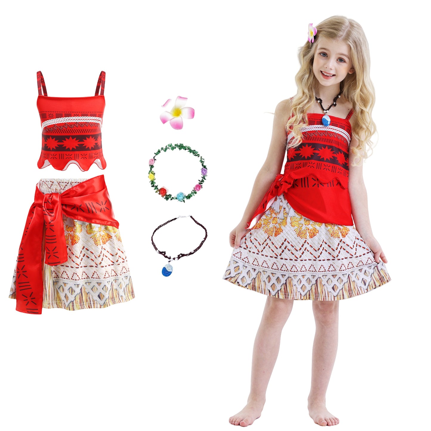 Princess Dress for Girls | Ocean-Themed Halloween Costume Set with Floral Crown, Hair Clip & Necklace | Party Dress-Up Outfit for Ages 3-9