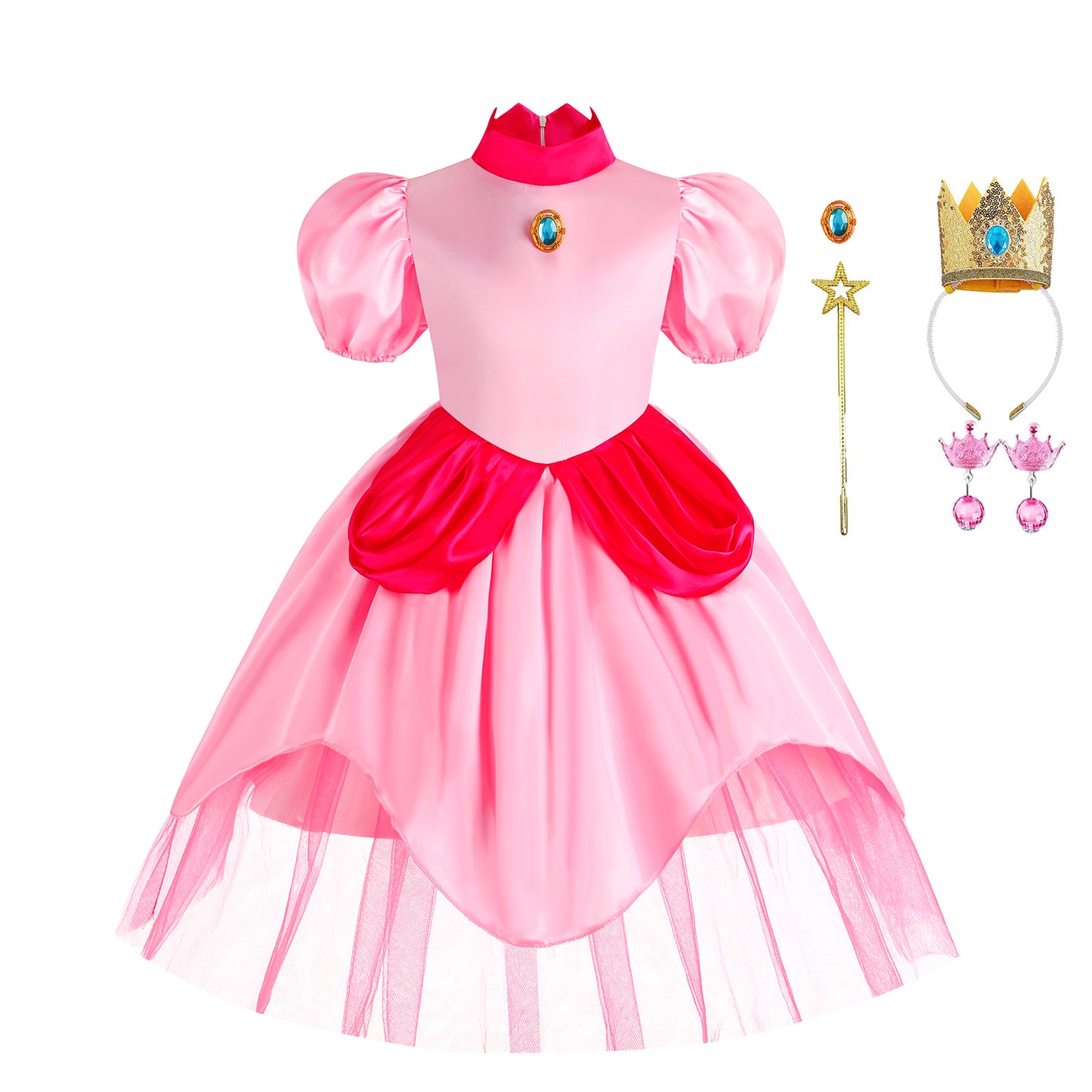 Foierp Girls Princess Peach Costume Halloween Cosplay Birthday Party Fancy Dress with Accessories