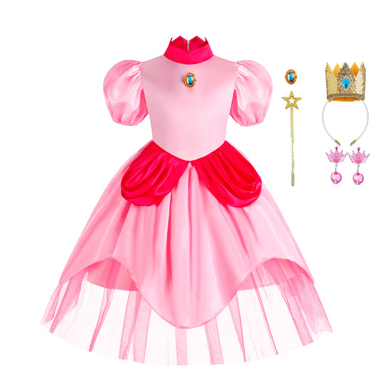 Mädchen Prinzessin Peach Kostüm Halloween Cosplay Geburtstag Party Kostüm mit Zubehör 