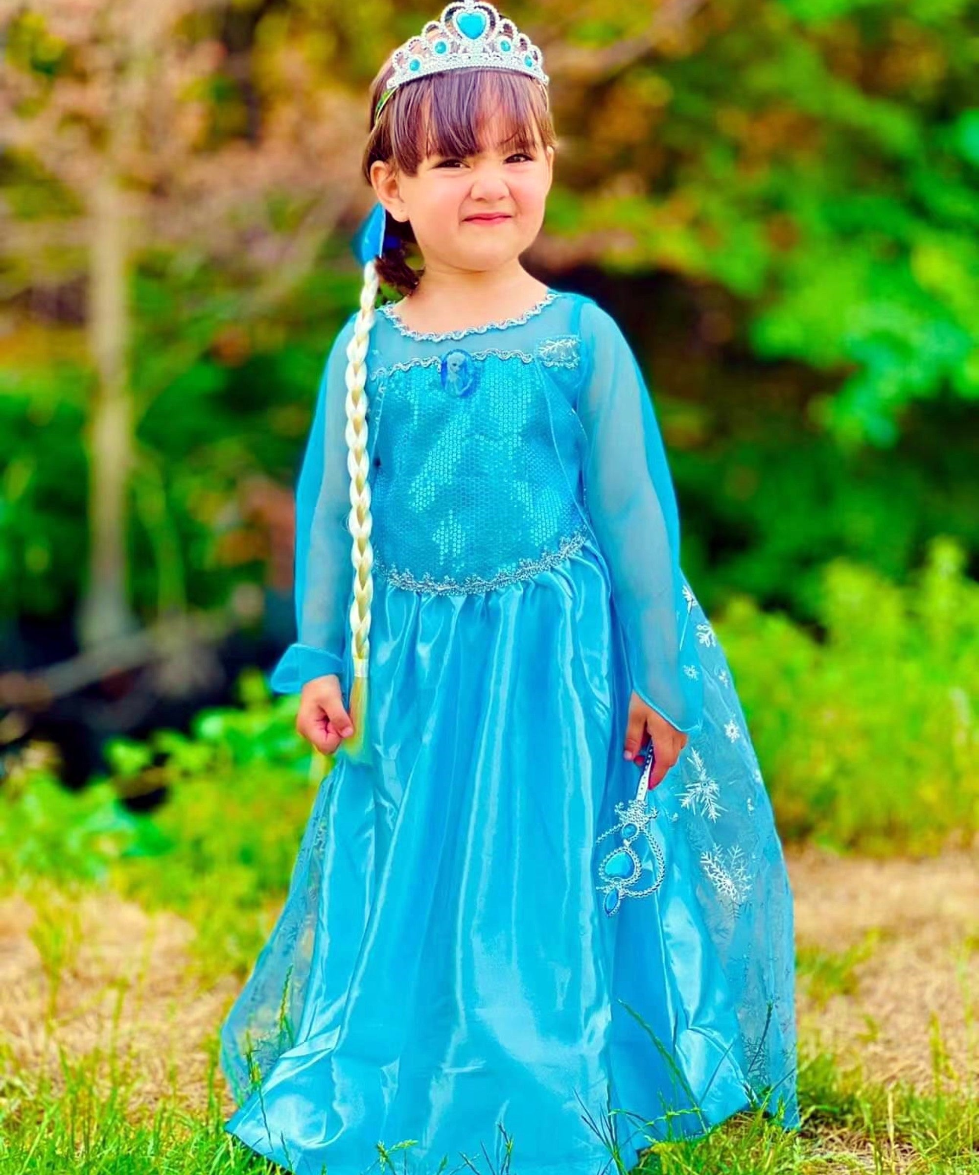 Disfraz de Frozen de Halloween Elsa Vestido de princesa de manga larga con conjunto de accesorios azul Foierp