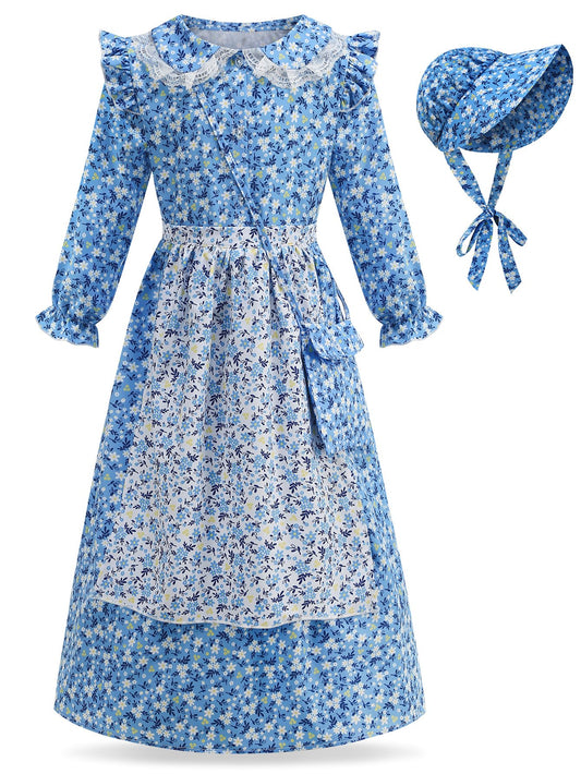 Vintage Floral Prairie Dress with Apron and Bonnet for Girls — A Charming Colonial-Era Ensemble