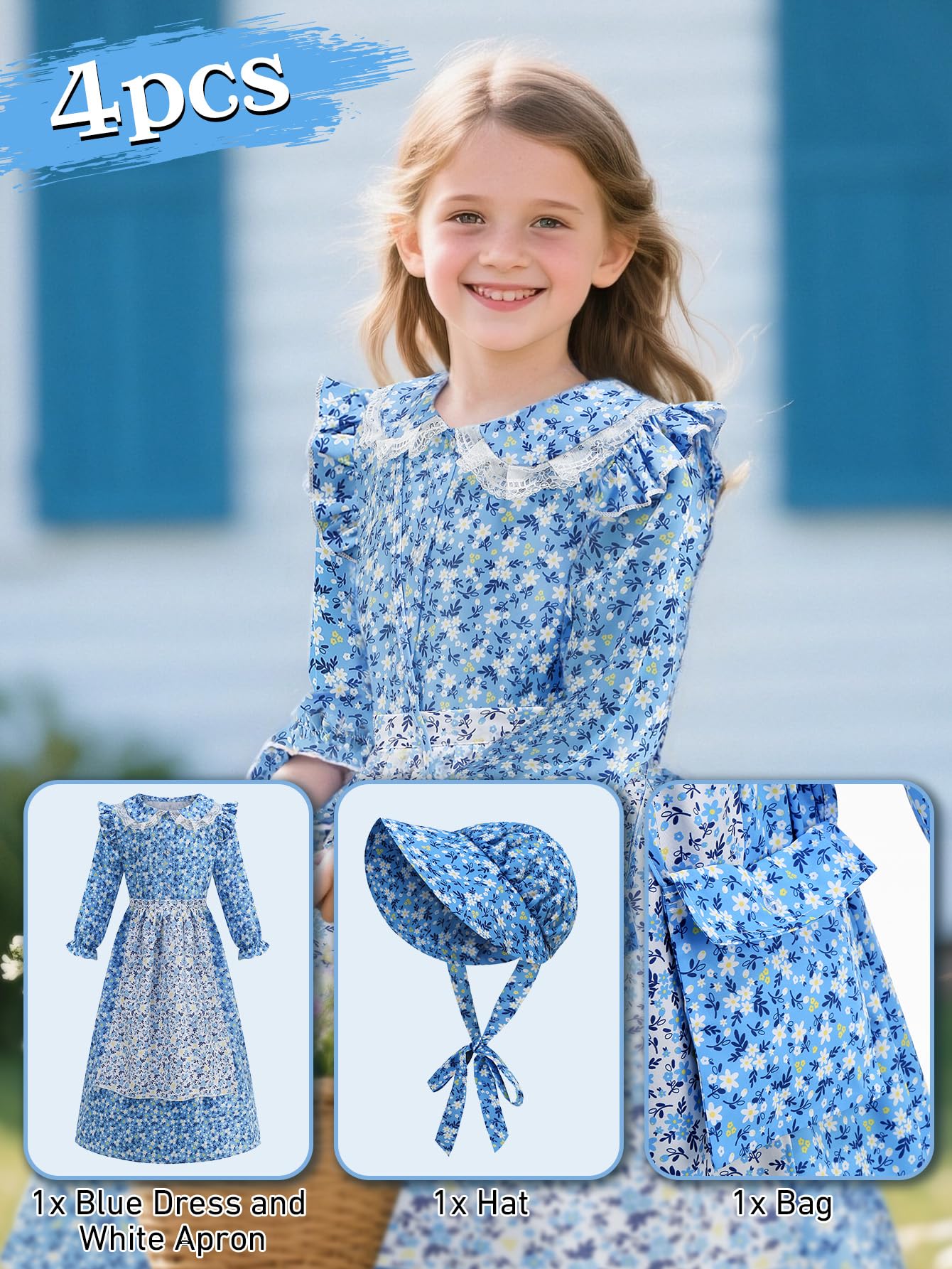 Vintage Floral Prairie Dress with Apron and Bonnet for Girls — A Charming Colonial-Era Ensemble