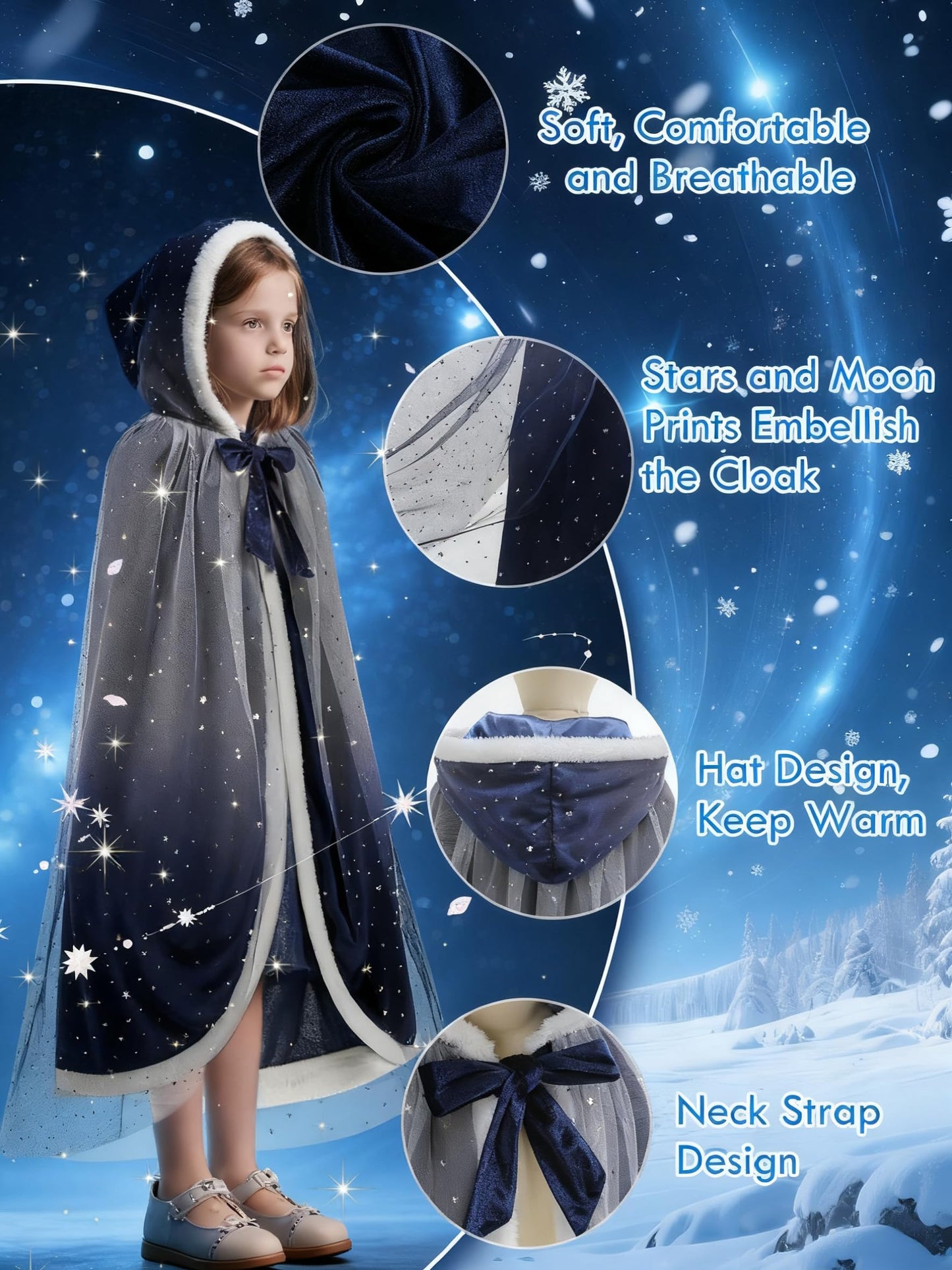 Starry Princess Cape for Girls - Enchanted Velvet Hooded Cloak for Halloween, Christmas, Cosplay & Carnival