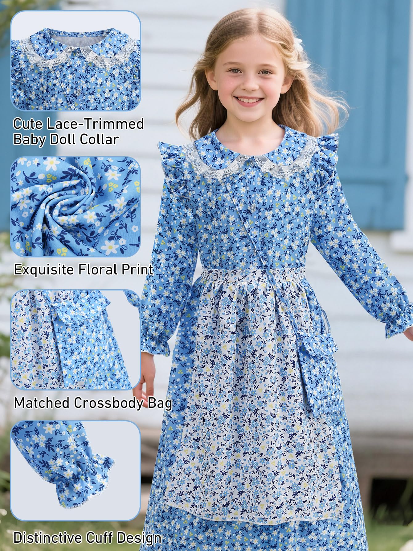 Vintage Floral Prairie Dress with Apron and Bonnet for Girls — A Charming Colonial-Era Ensemble