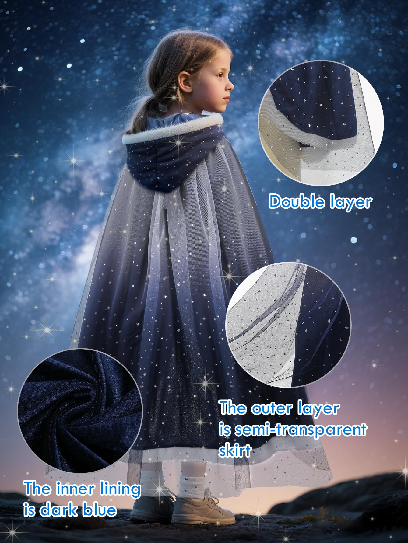 Starry Princess Cape for Girls - Enchanted Velvet Hooded Cloak for Halloween, Christmas, Cosplay & Carnival