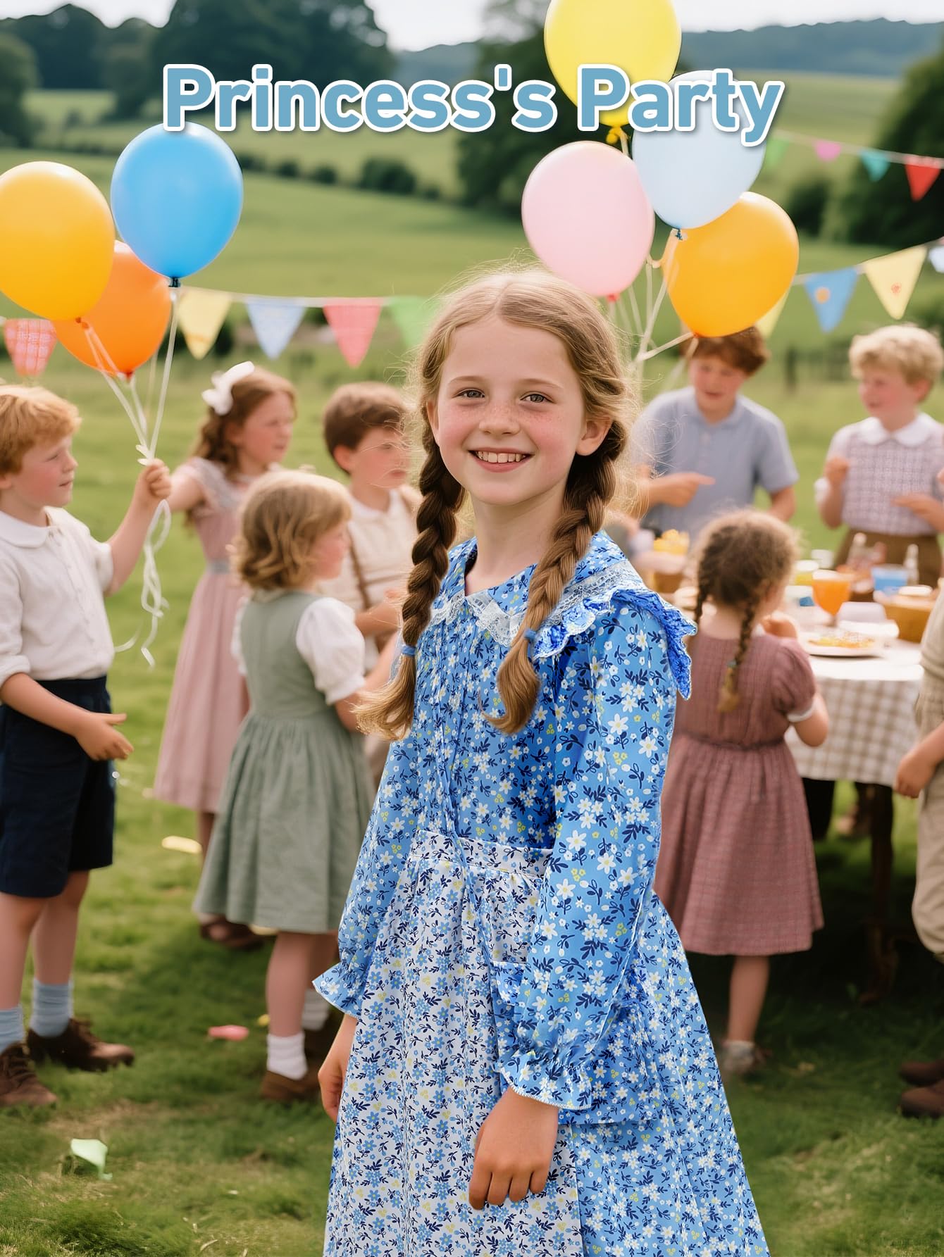 Vintage Floral Prairie Dress with Apron and Bonnet for Girls — A Charming Colonial-Era Ensemble