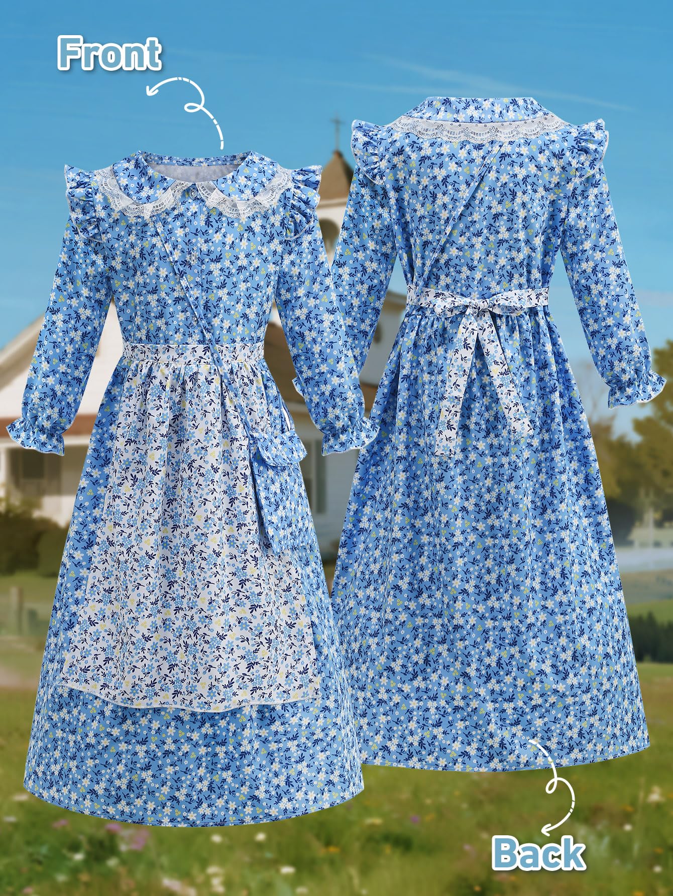 Vintage Floral Prairie Dress with Apron and Bonnet for Girls — A Charming Colonial-Era Ensemble