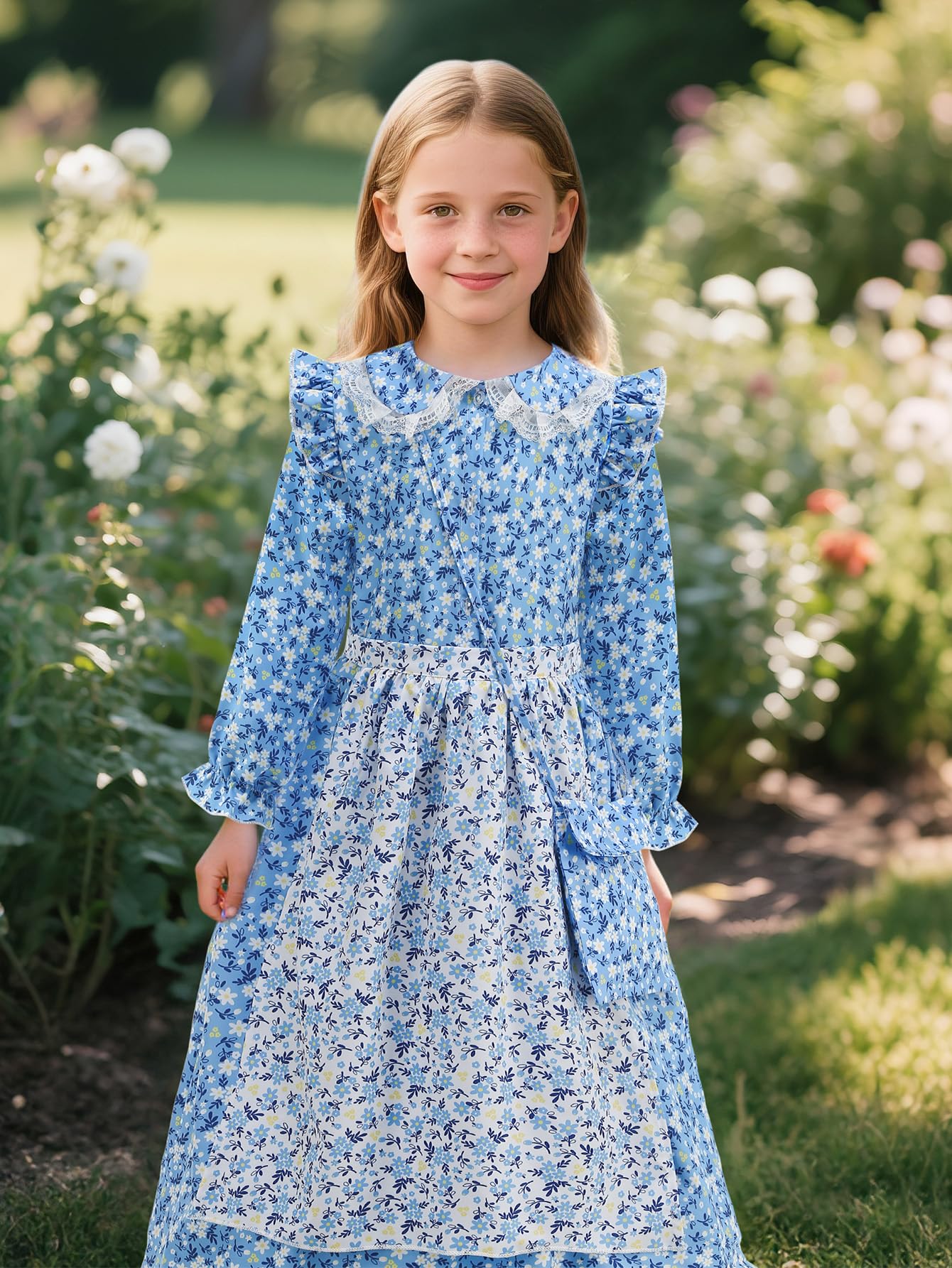 Vintage Floral Prairie Dress with Apron and Bonnet for Girls — A Charming Colonial-Era Ensemble