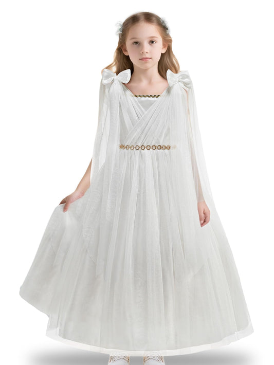 Greek Goddess Costume for Girls - Elegant White Halter Neck Gown with Detachable Cape