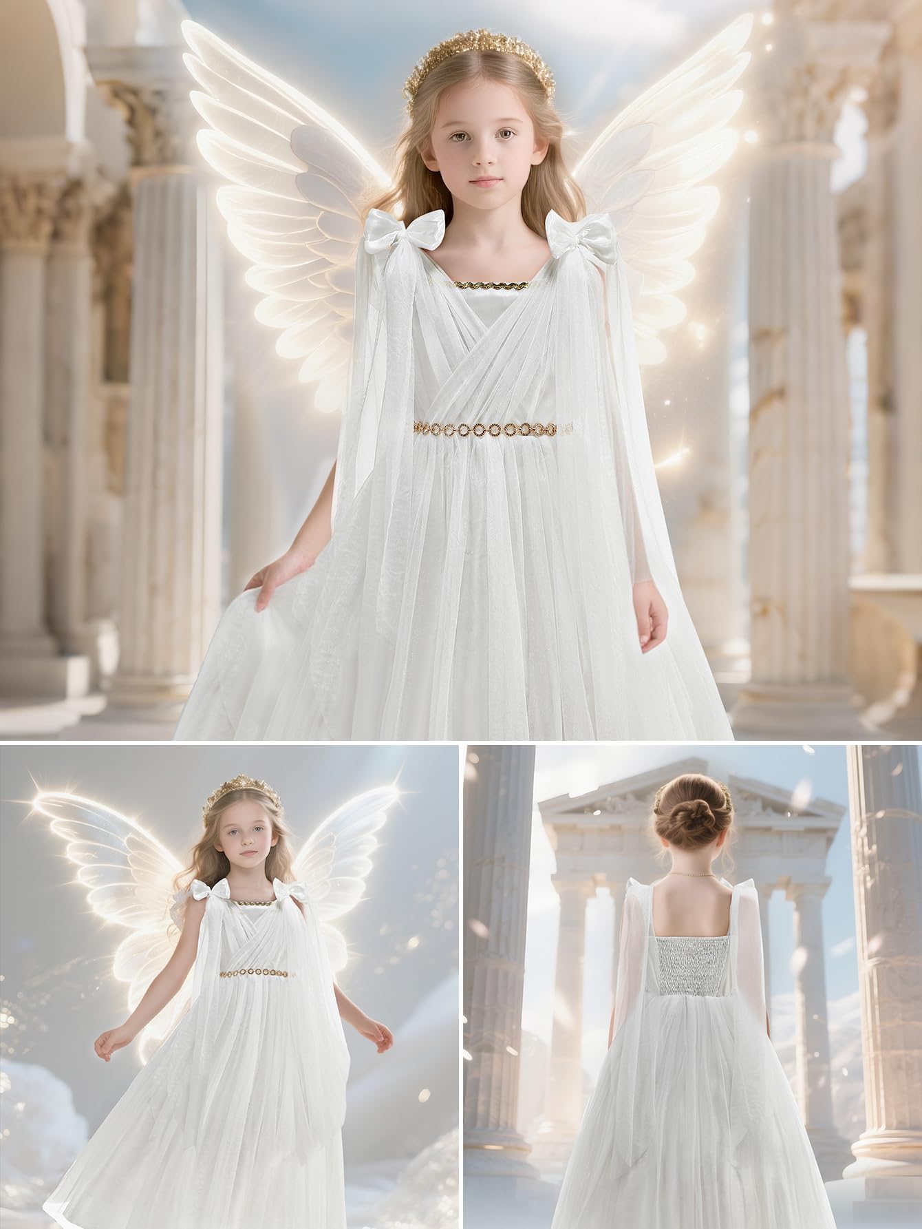 Greek Goddess Costume for Girls - Elegant White Halter Neck Gown with Detachable Cape