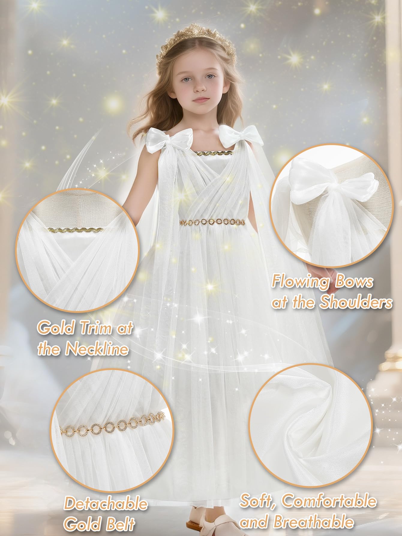 Greek Goddess Costume for Girls - Elegant White Halter Neck Gown with Detachable Cape