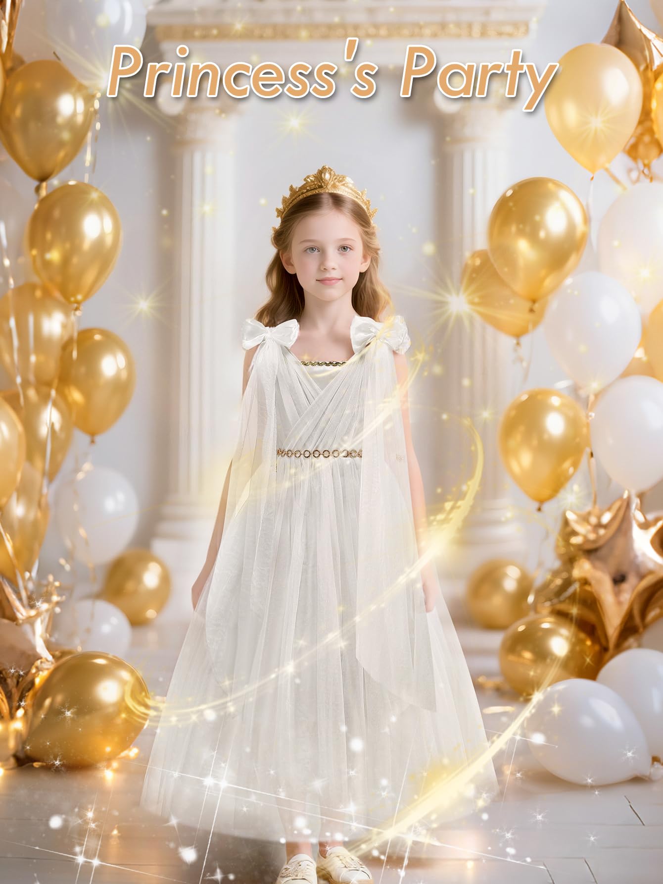 Greek Goddess Costume for Girls - Elegant White Halter Neck Gown with Detachable Cape