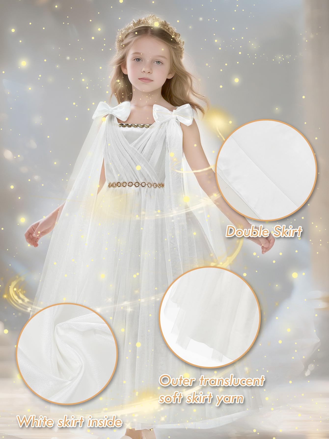 Greek Goddess Costume for Girls - Elegant White Halter Neck Gown with Detachable Cape