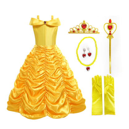 Foierp Princess Outfits - Costume Dress with Crown Wand Gloves Necklace Earrings (Yellow)
