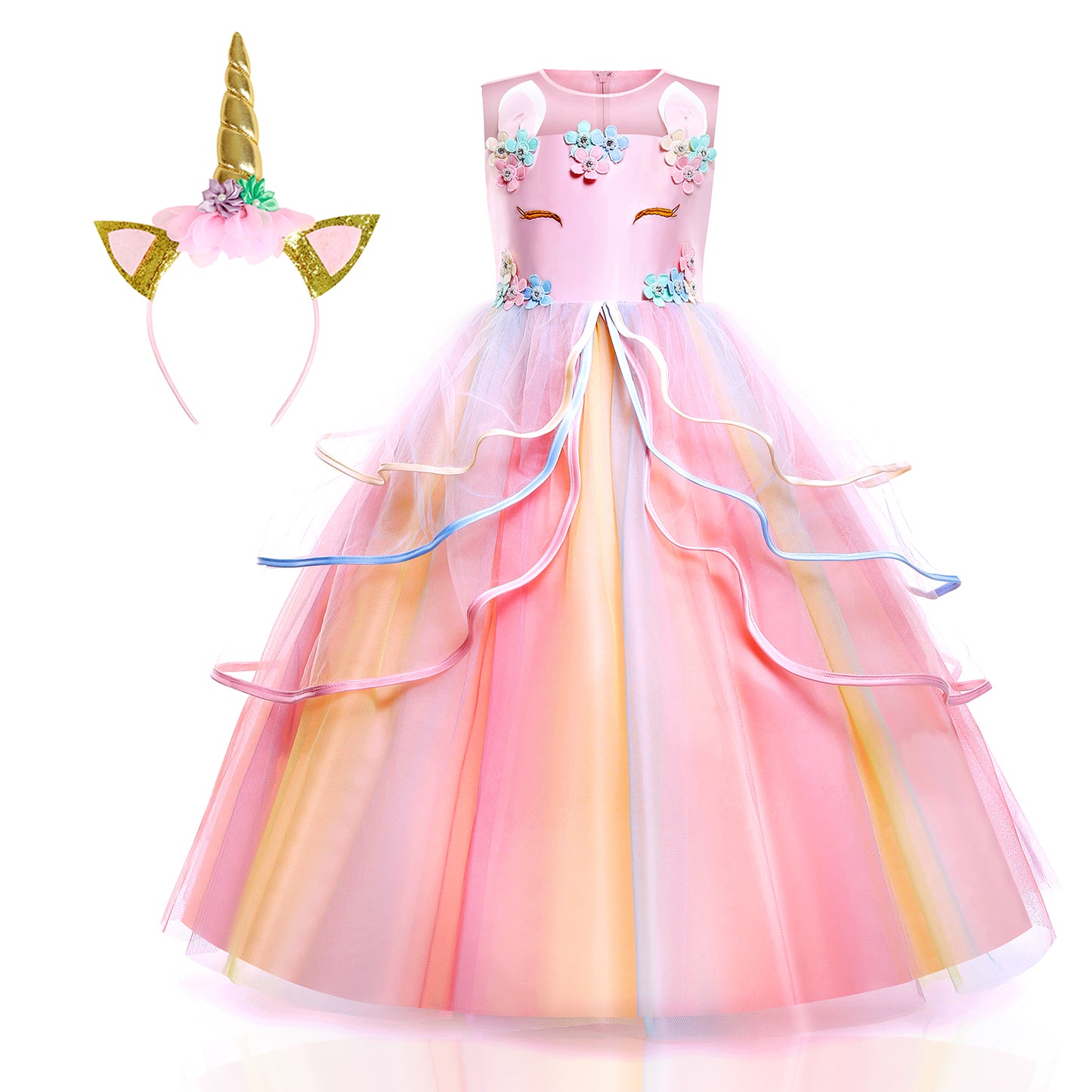Langes Abendkleid für Mädchen - Prinzessinnenkleid Regenbogenrosa für 3-12 Jahre | Foierp