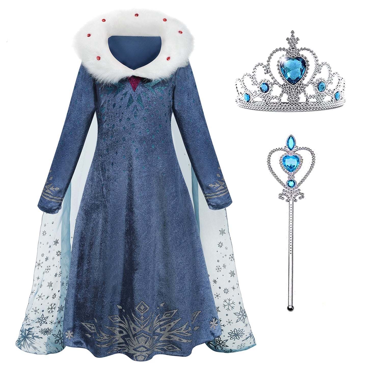 Elsa Anna Costume Robe - Robe Princesse Manches Longues avec Baguette Couronne Bleu Foncé | Foierp