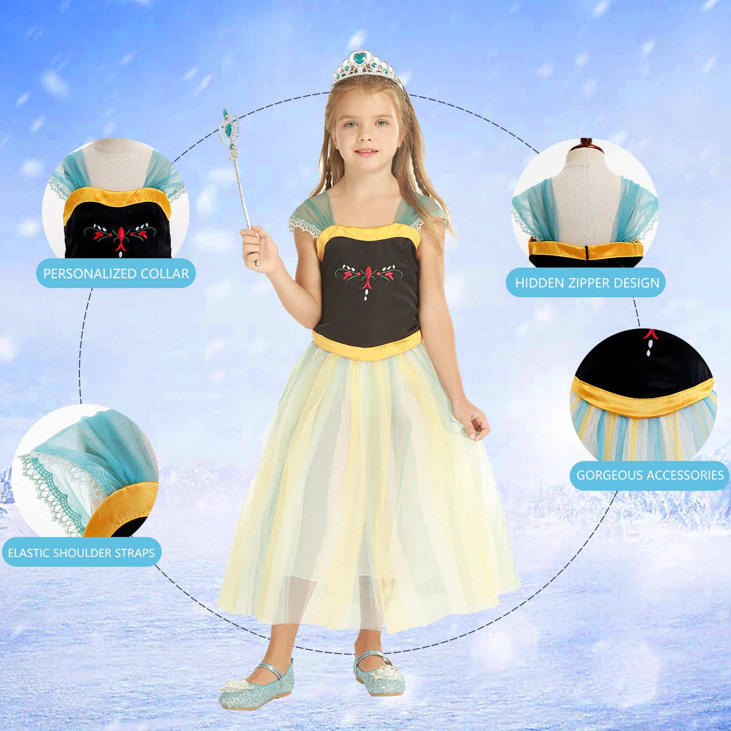 Elsa Frozen Kostümkleid - Prinzessinnenkleid mit Kronenstab | Foierp