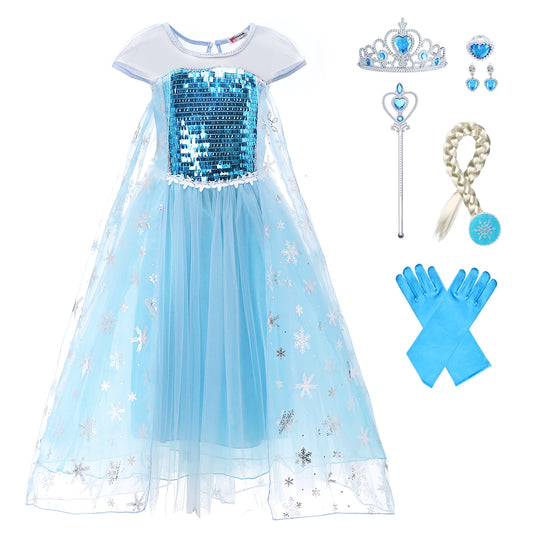 Elsa Dress Costume - Robe de princesse avec accessoires Set | bleu Foierp