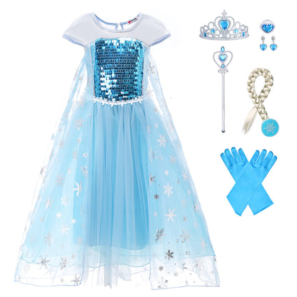 Elsa Kleid Kostüm - Prinzessinnenkleid mit Zubehör Set Blau | Foierp