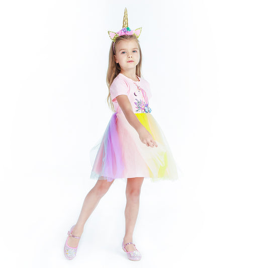 Mädchen Einhorn Kleid - T-Shirt Rock Kleid mit Stirnband Regenbogen | Foierp