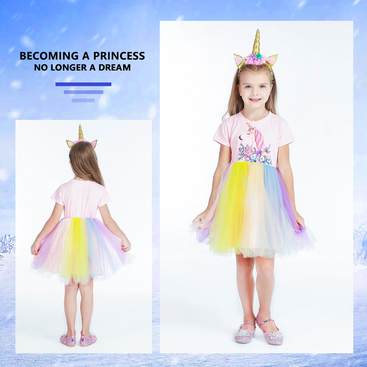 Mädchen Einhorn Kleid - T-Shirt Rock Kleid mit Stirnband Regenbogen | Foierp