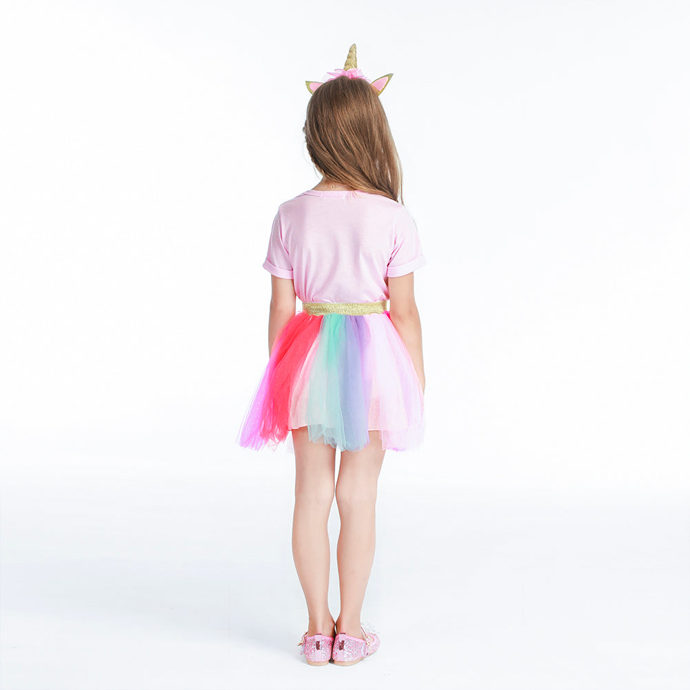 Mädchen Einhorn Cosplay Kleid - T-Shirt Rock Kleid mit Stirnband Pink | Foierp