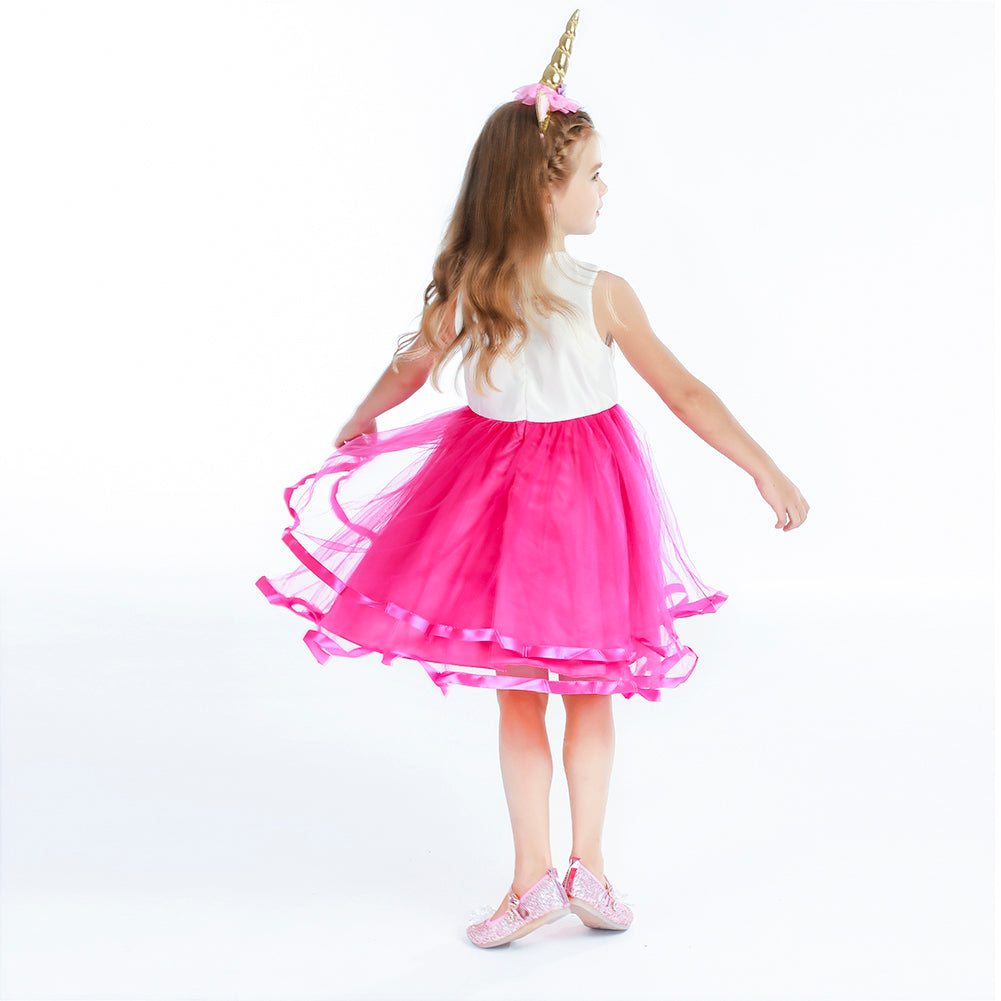 Unoicorn Cosplay Kostüm für Mädchen – ausgefallenes Prinzessinnenkleid mit Stirnband Rose Pink | Foierp