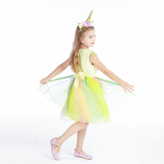 Ausgefallenes Einhorn Kostüm für Mädchen - Prinzessinnenkleid mit Stirnband Regenbogengelb | Foierp