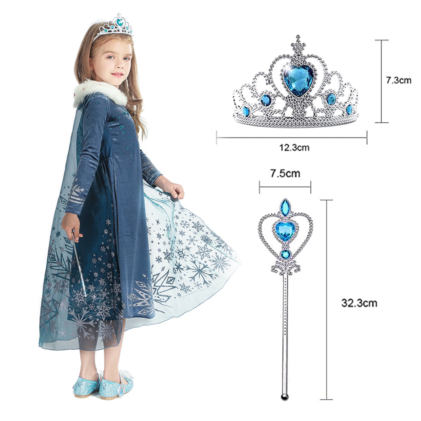 Foierp Costume Dress - Princess Dress Long Sleeves with Cloak Crown Wand Dark Blue
