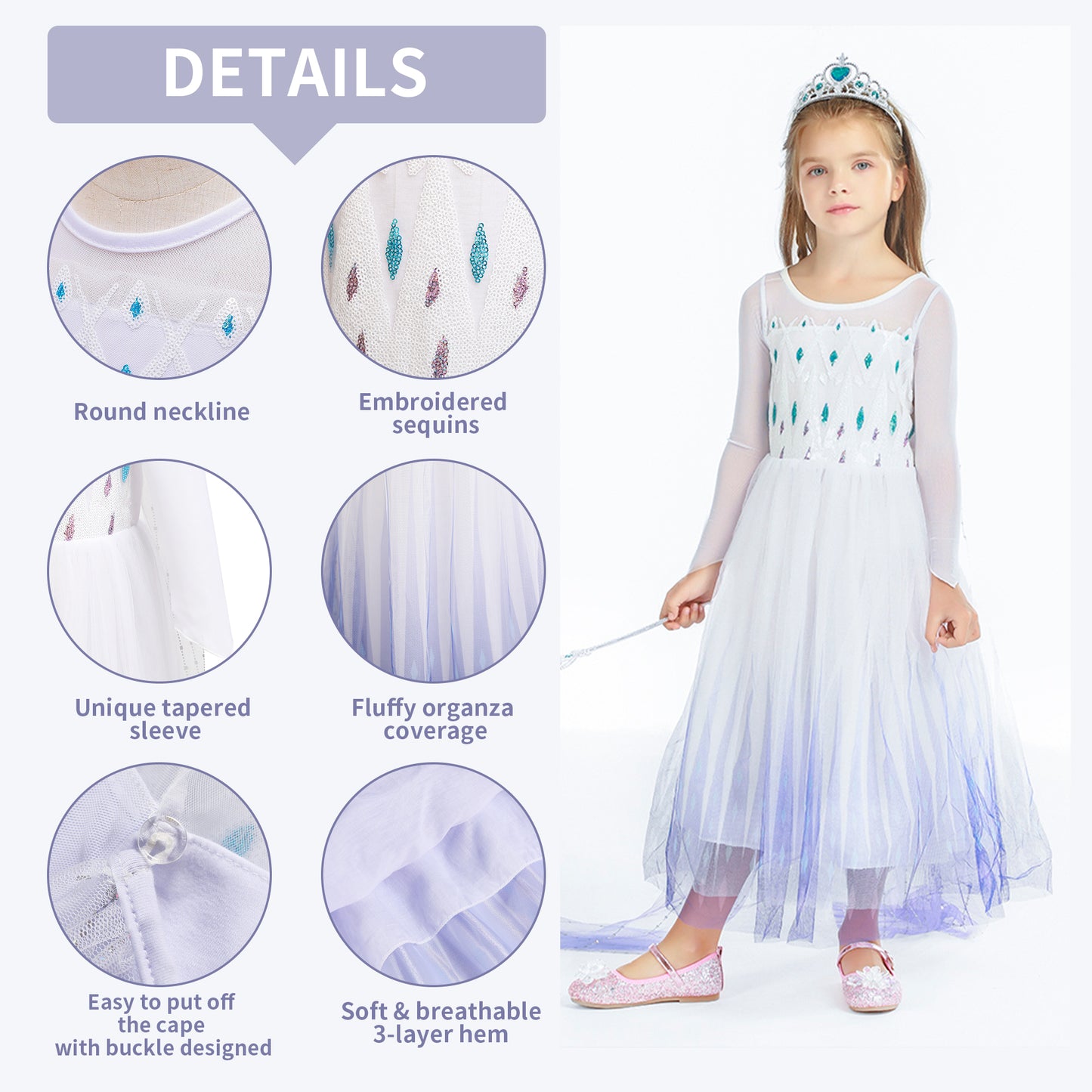Elsa Dress Up für Mädchen mit Kronen-Zauberstab-Zubehör (weiß)