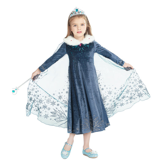 Elsa Anna Costume Dress - Princess Dress Manica Lunga con Mantello Corona Bacchetta Blu Scuro | Foierp