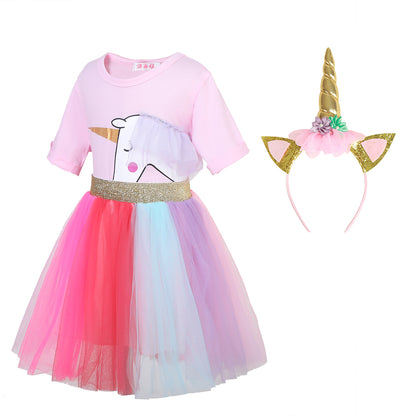 Foierp Girls Unicorn Cosplay Dress - T-shirt Skirt Dress with Headband Pink
