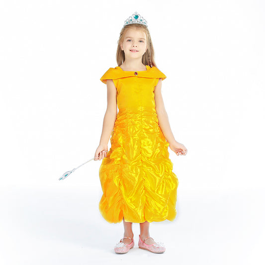 Foierp Princess Outfits - Costume Dress with Crown Wand Gloves Necklace Earrings (Yellow)