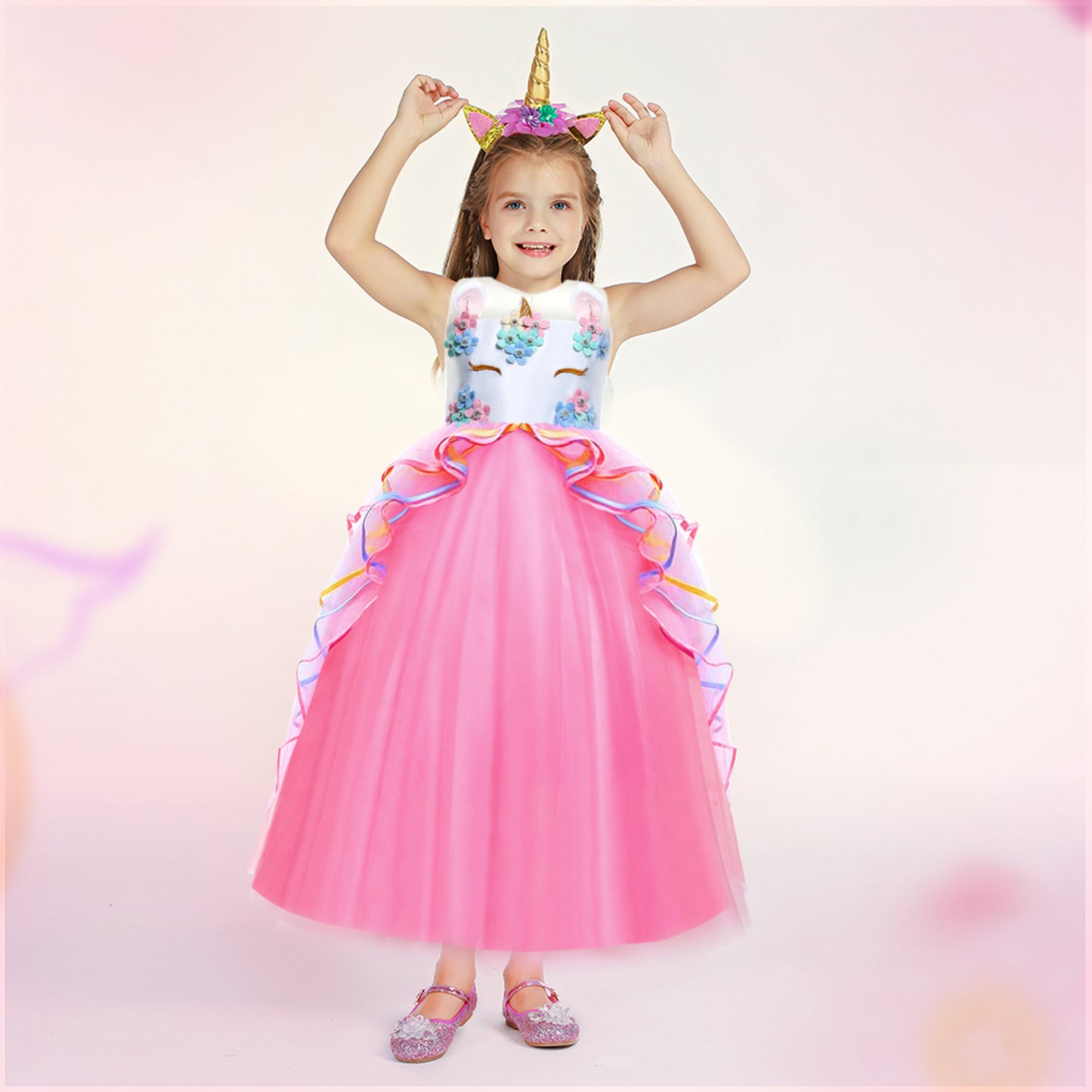Foierp Girls Long Dress - Princess Dress Pink for 3-12 Years Old