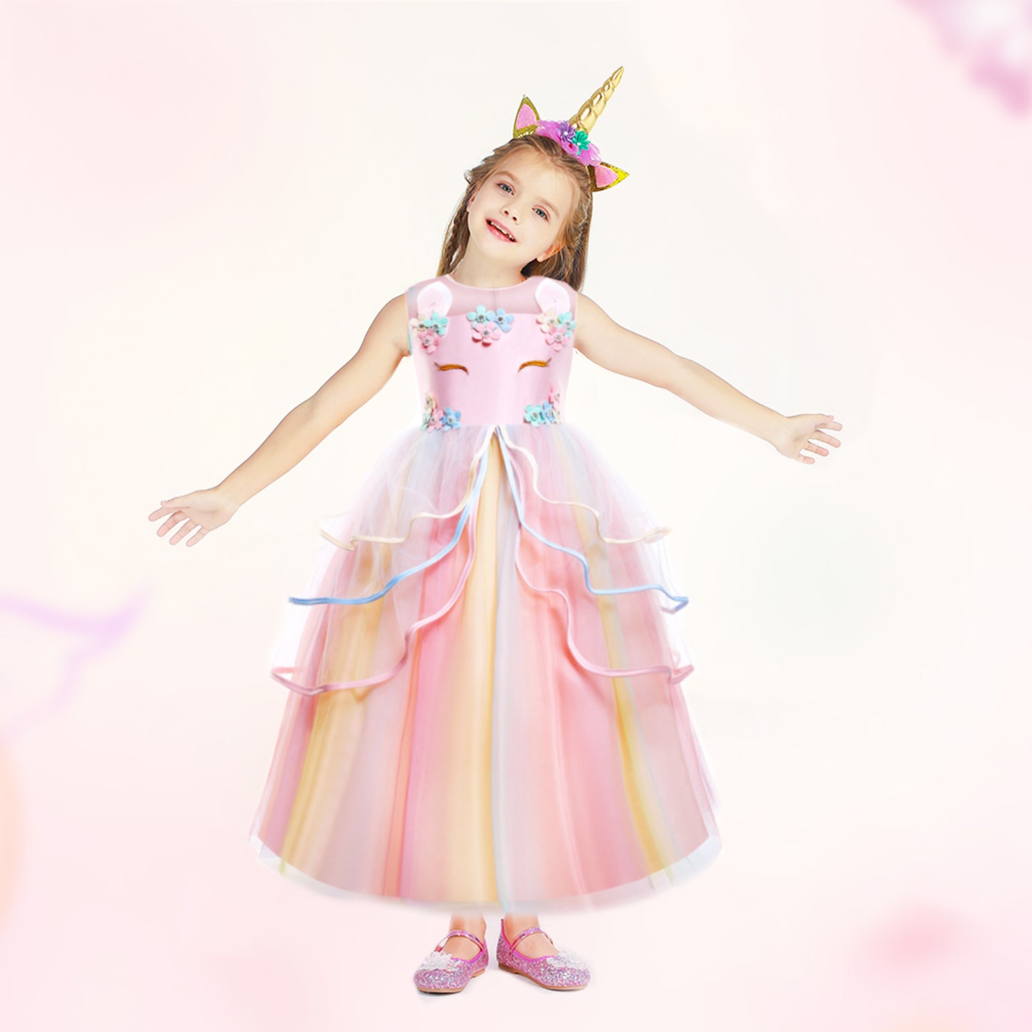 Foierp Child Long Evening Dress - Princess Dress Rainbow Pink for 3-12 Years Old